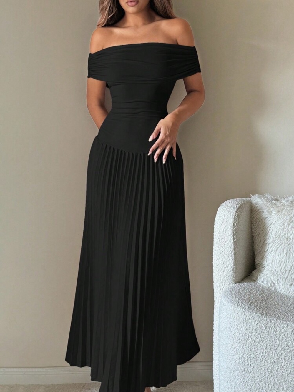 Off-Shoulder Black Pleated Maxi Dress